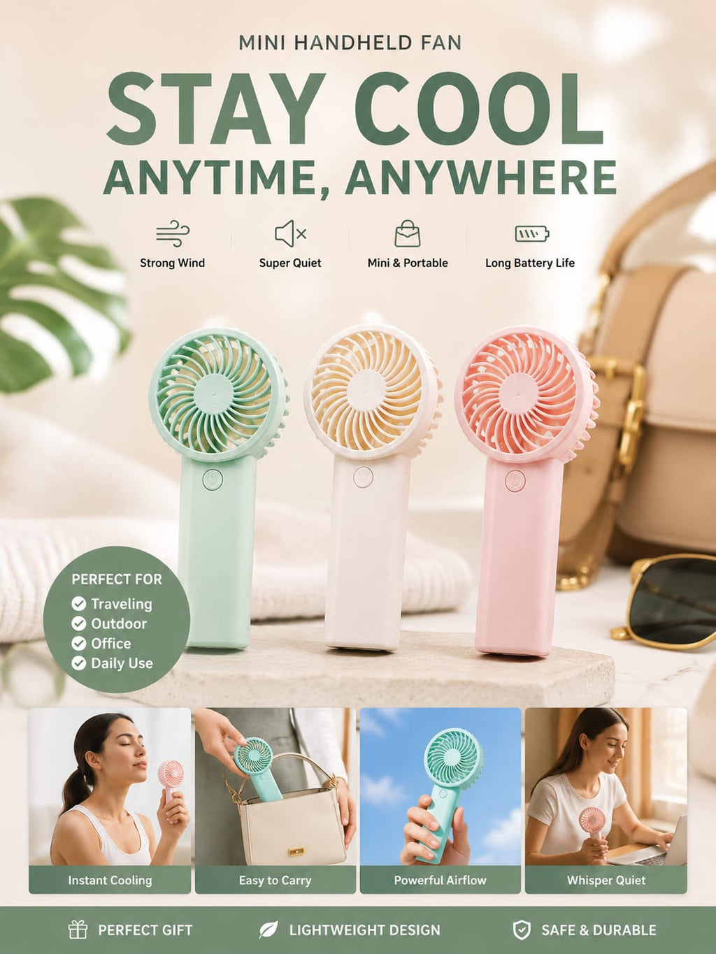Mini ventilator-draagbaar, stil & oplaadbaar